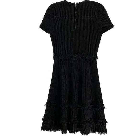 Milly Black Short Sleeve Fit & Flare Fringe Detail Ribbed Dress Zip Back Size P - Picture 6 of 11